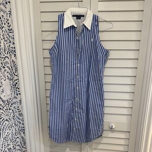 Blue and White Striped Sleeveless Shirt Dress